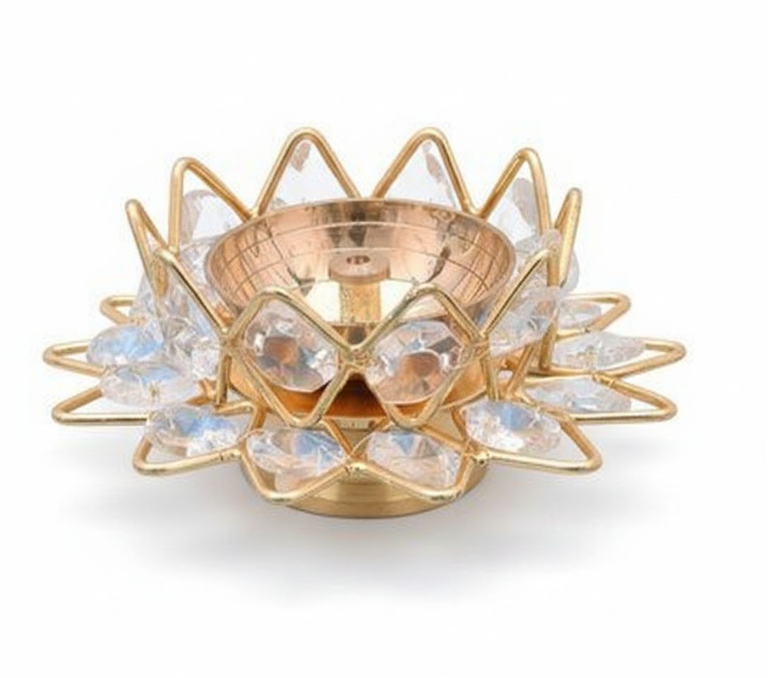 Luxury Brass Diya with Sparkling Crystal Accents – Designer Deepam